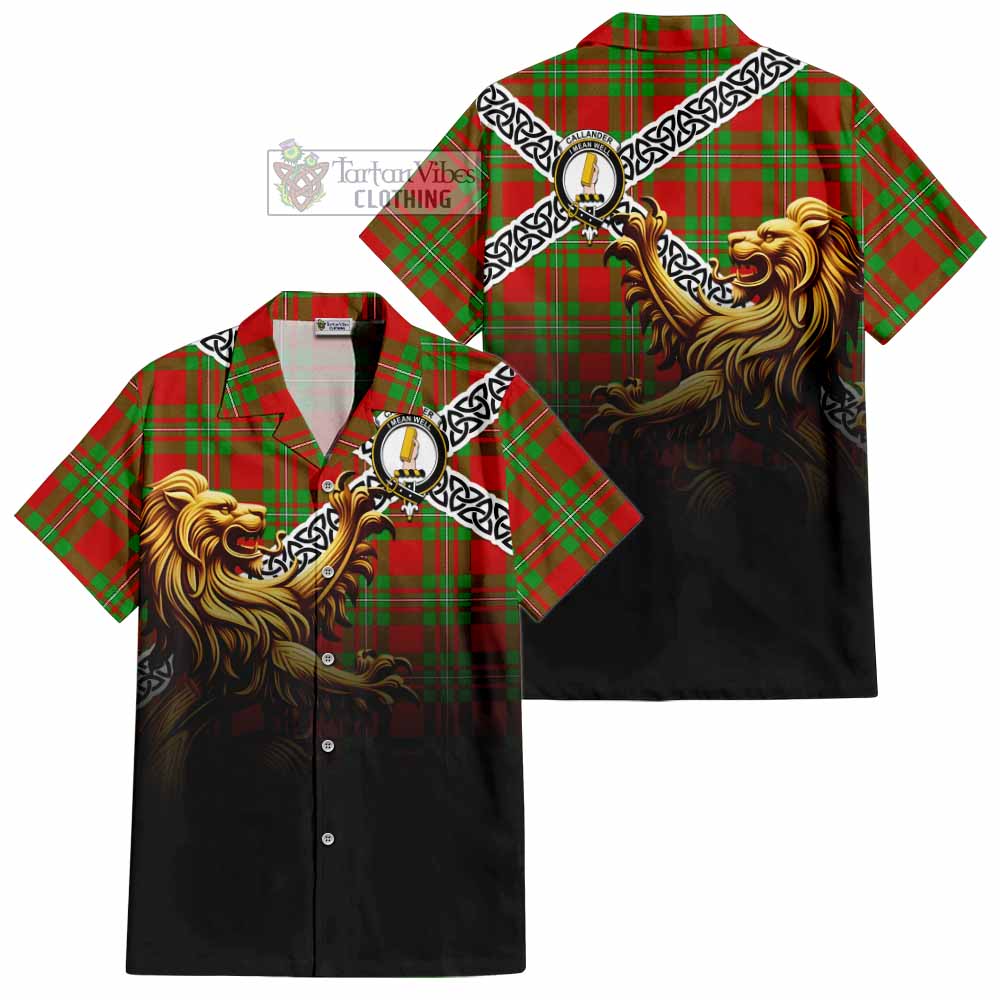 Tartan Vibes Clothing Callander Crest Tartan Short Sleeve Button Shirt with Golden Lion Emblem Celtic Style