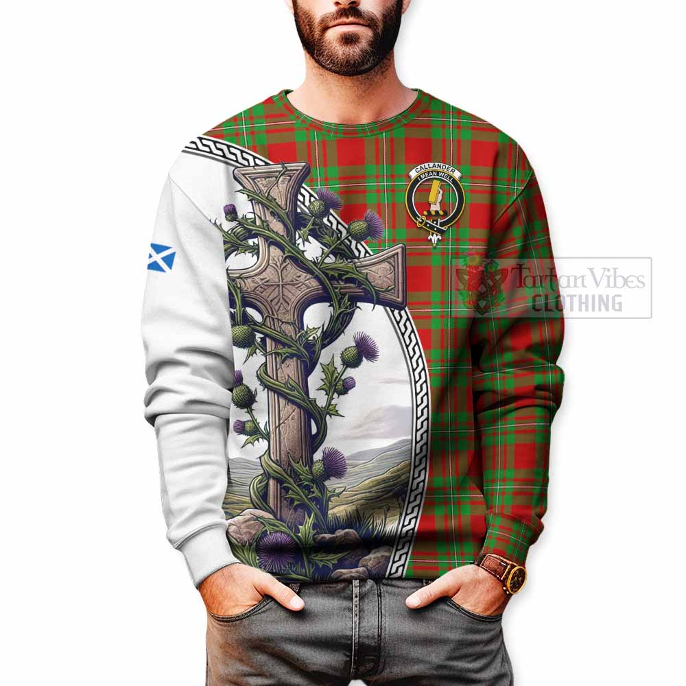 Callander Tartan Sweatshirt with Family Crest and St. Andrew's Cross Accented by Thistle Vines - Tartan Vibes Clothing