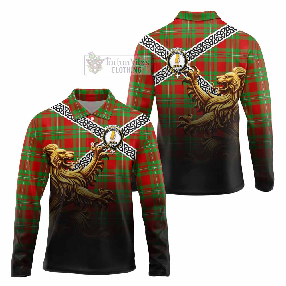 Callander Crest Tartan Long Sleeve Polo Shirt with Golden Lion Emblem Celtic Style - Tartan Vibes Clothing