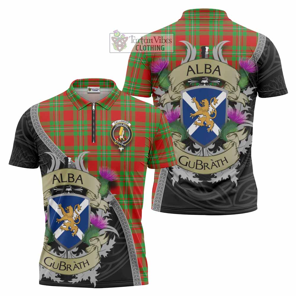 Tartan Vibes Clothing Callander Tartan Family Crest Zipper Polo Shirt Lion Rampant Royal Thistle Shield Celtic Inspired