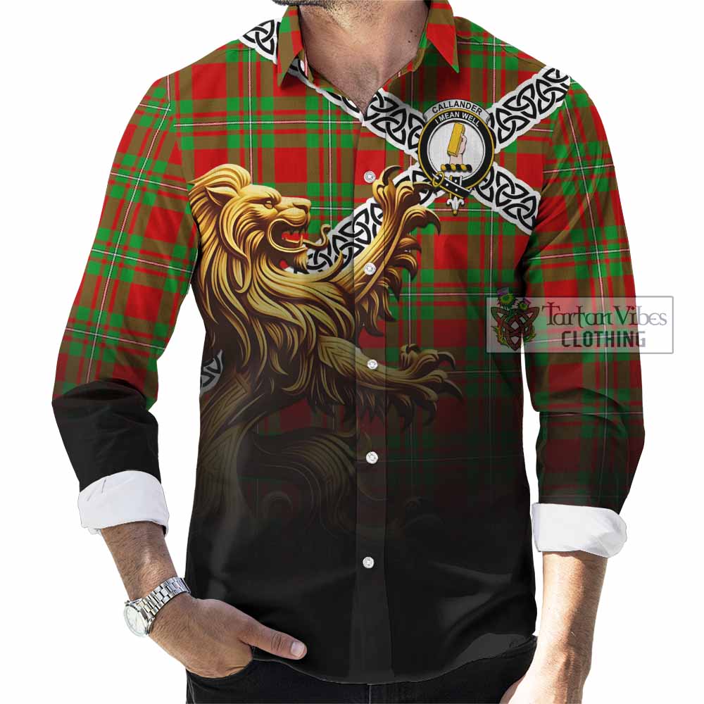 Callander Crest Tartan Long Sleeve Button Shirt with Golden Lion Emblem Celtic Style - Tartan Vibes Clothing