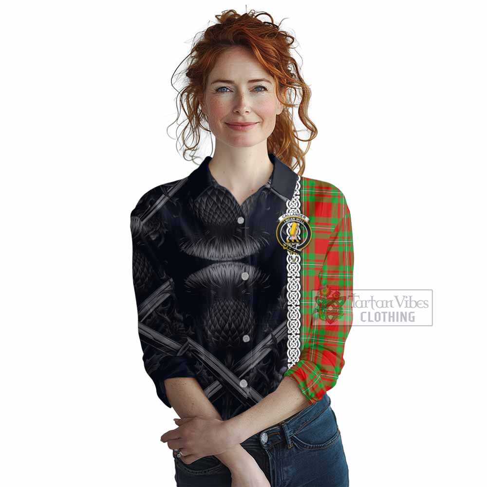 Tartan Vibes Clothing Callander Tartan Women's Casual Shirt with Family Crest Cross Sword Thistle Celtic Vibes