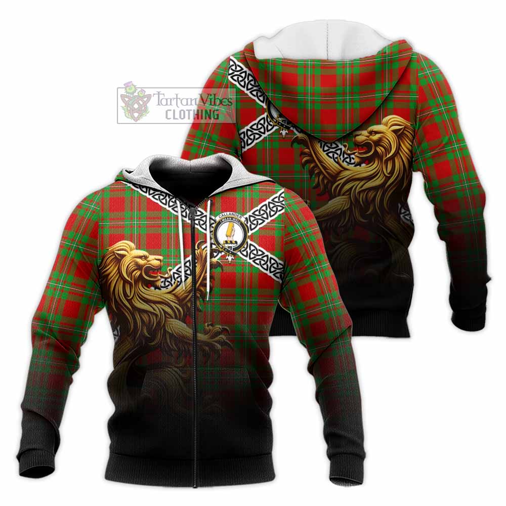 Tartan Vibes Clothing Callander Crest Tartan Knitted Hoodie with Golden Lion Emblem Celtic Style