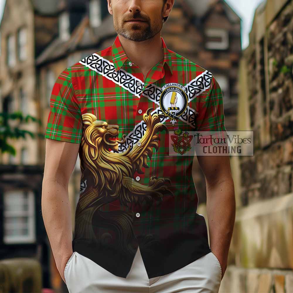 Tartan Vibes Clothing Callander Crest Tartan Short Sleeve Button Shirt with Golden Lion Emblem Celtic Style