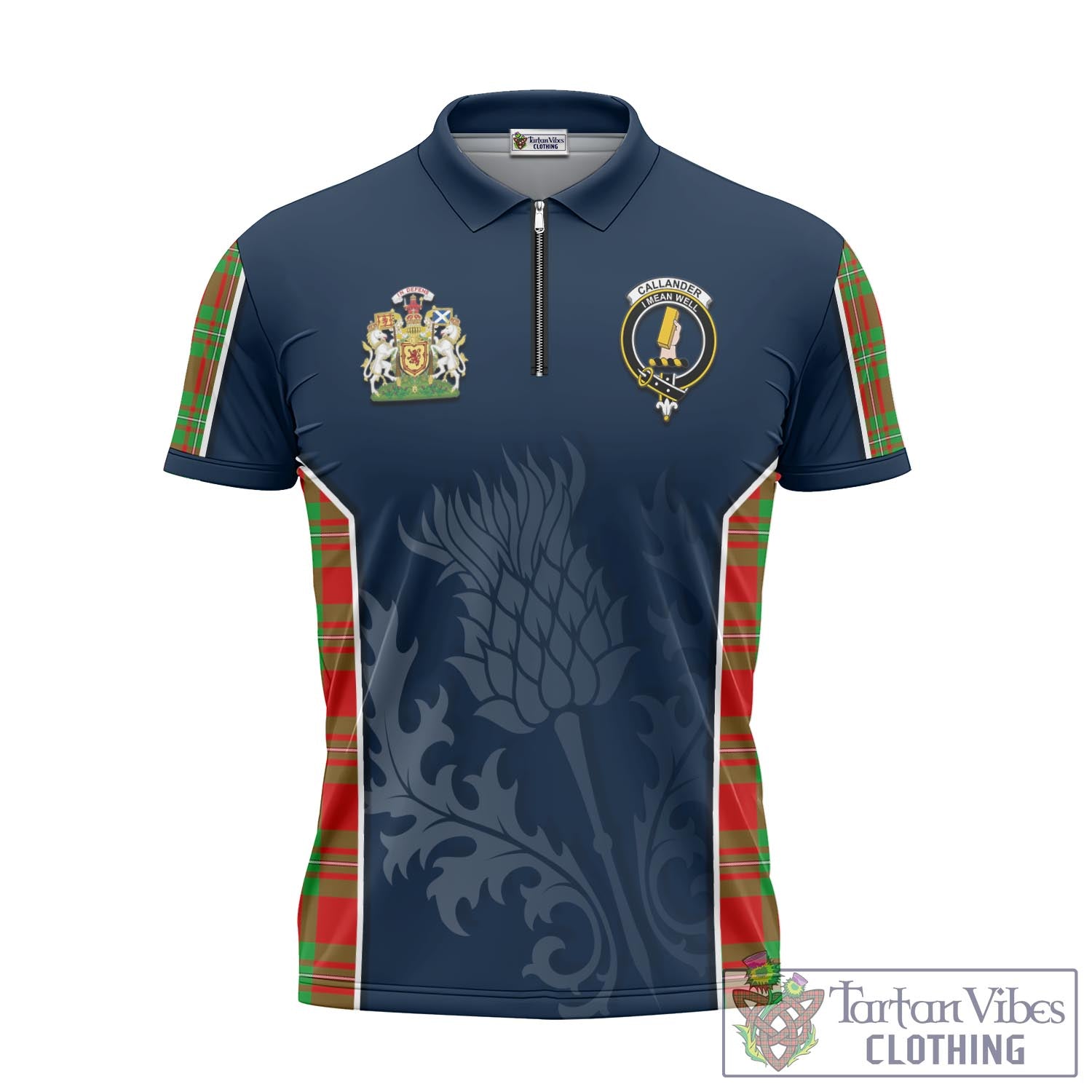 Tartan Vibes Clothing Callander Modern Tartan Zipper Polo Shirt with Family Crest and Scottish Thistle Vibes Sport Style