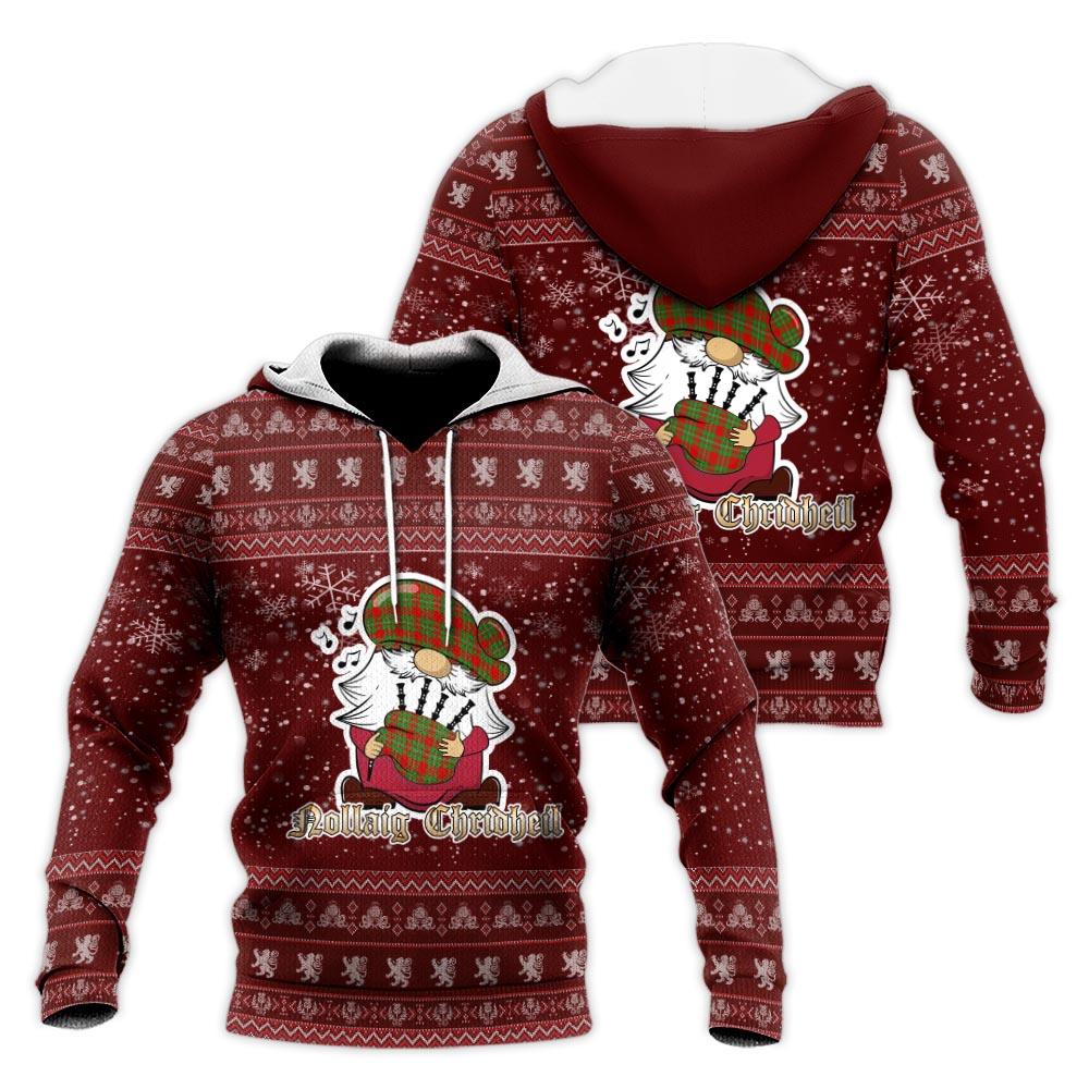 Callander Modern Clan Christmas Knitted Hoodie with Funny Gnome Playing Bagpipes Red - Tartanvibesclothing