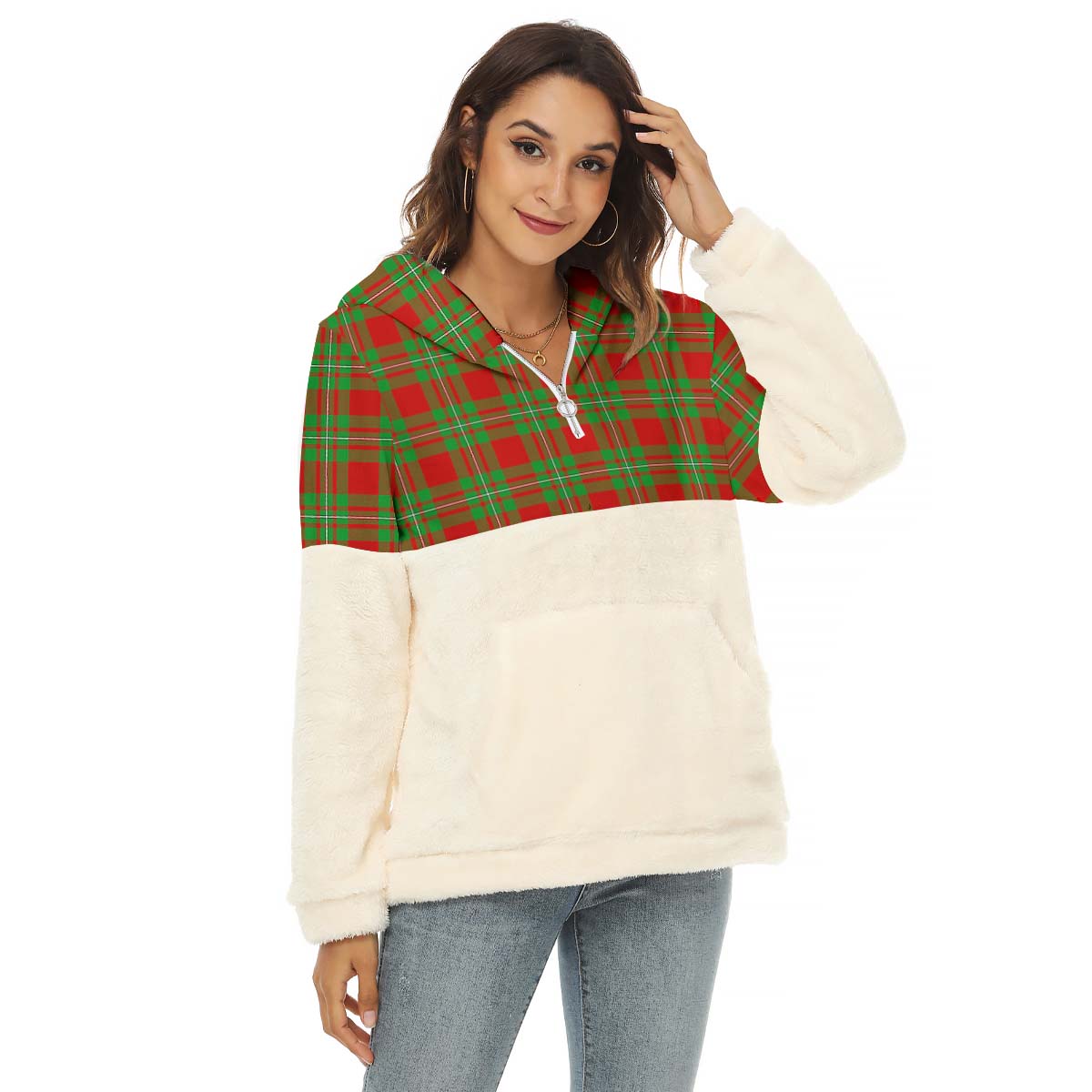 Callander Tartan Half Style Women's Borg Fleece Hoodie with Half Zip Female - Tartan Vibes Clothing