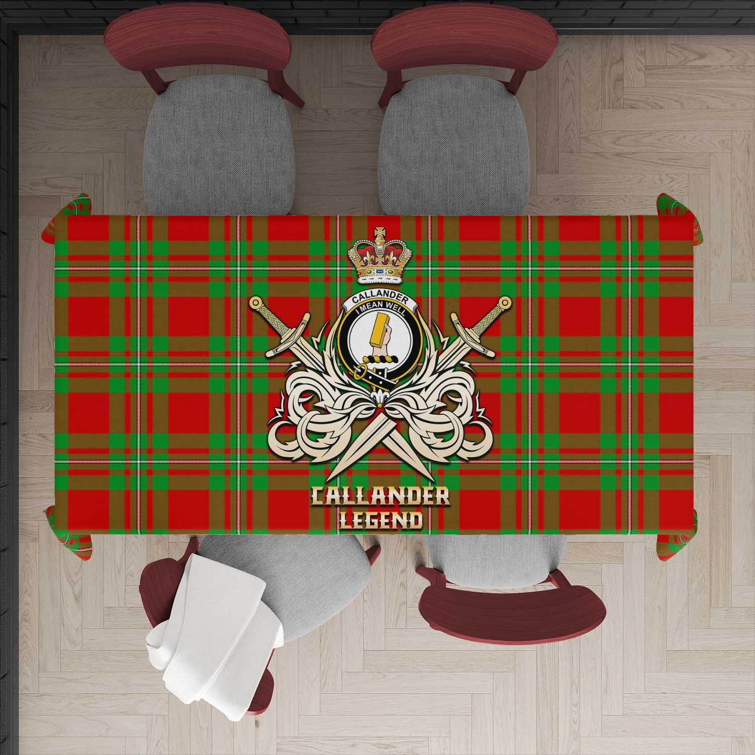 Tartan Vibes Clothing Callander Modern Tartan Tablecloth with Clan Crest and the Golden Sword of Courageous Legacy