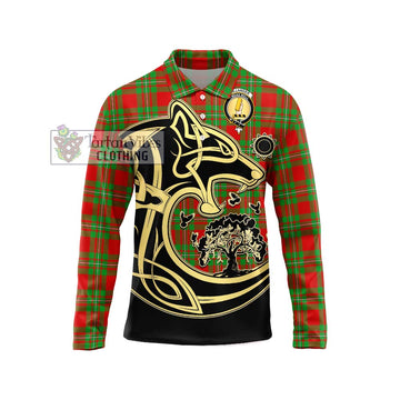 Callander Tartan Long Sleeve Polo Shirt with Family Crest Celtic Wolf Style Unisex - Tartan Vibes Clothing