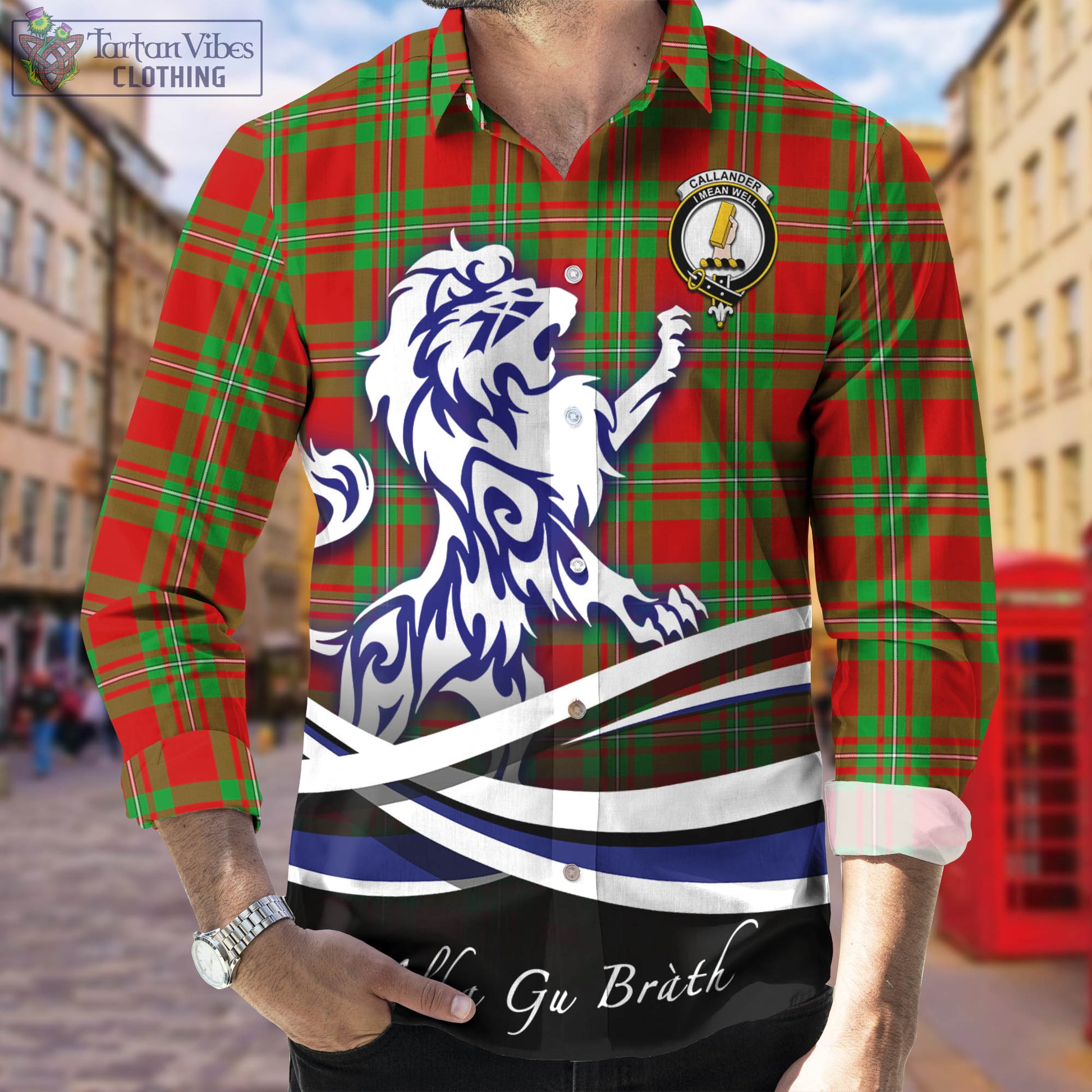 Callander Tartan Long Sleeve Button Up Shirt with Alba Gu Brath Regal Lion Emblem Men's Shirt - Tartan Vibes Clothing