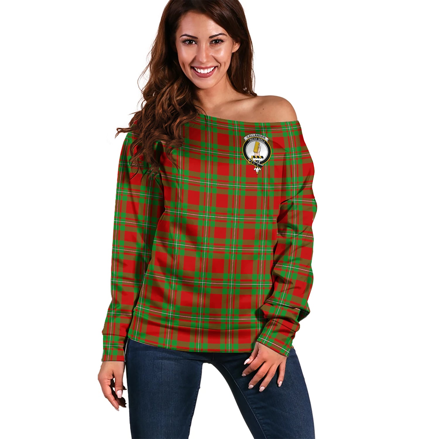 Callander Tartan Off Shoulder Women Sweater with Family Crest Women - Tartan Vibes Clothing