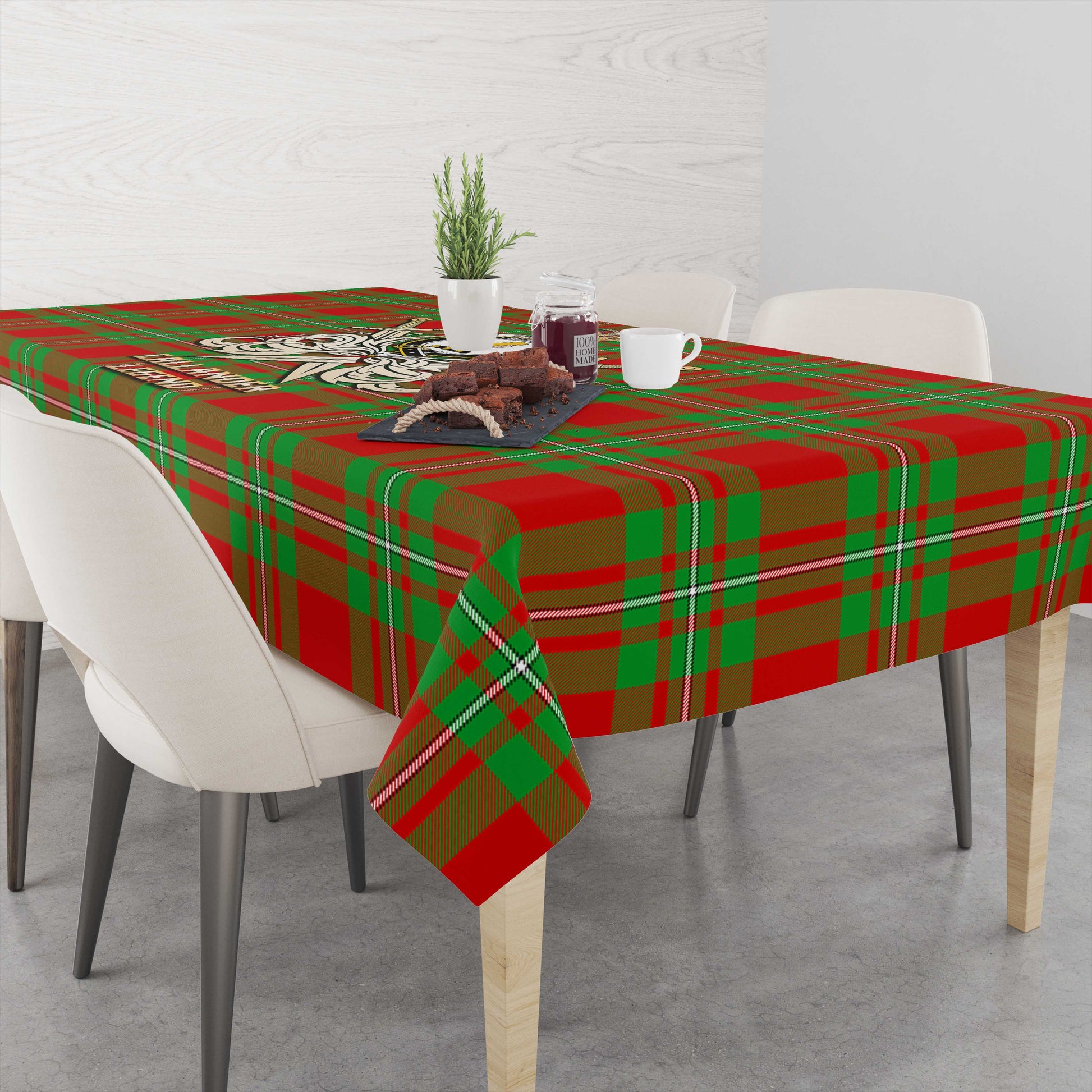 Tartan Vibes Clothing Callander Modern Tartan Tablecloth with Clan Crest and the Golden Sword of Courageous Legacy