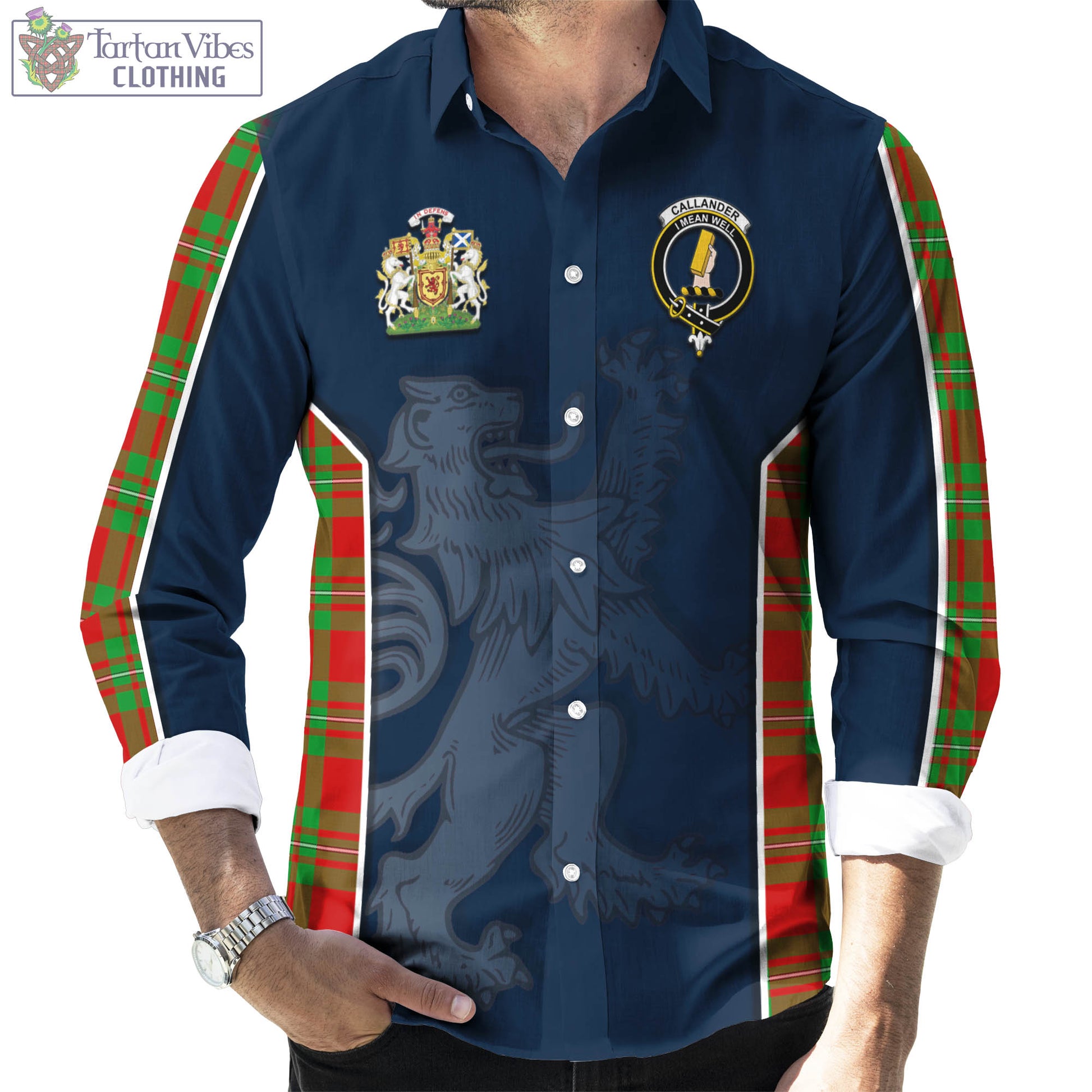 Tartan Vibes Clothing Callander Modern Tartan Long Sleeve Button Up Shirt with Family Crest and Lion Rampant Vibes Sport Style