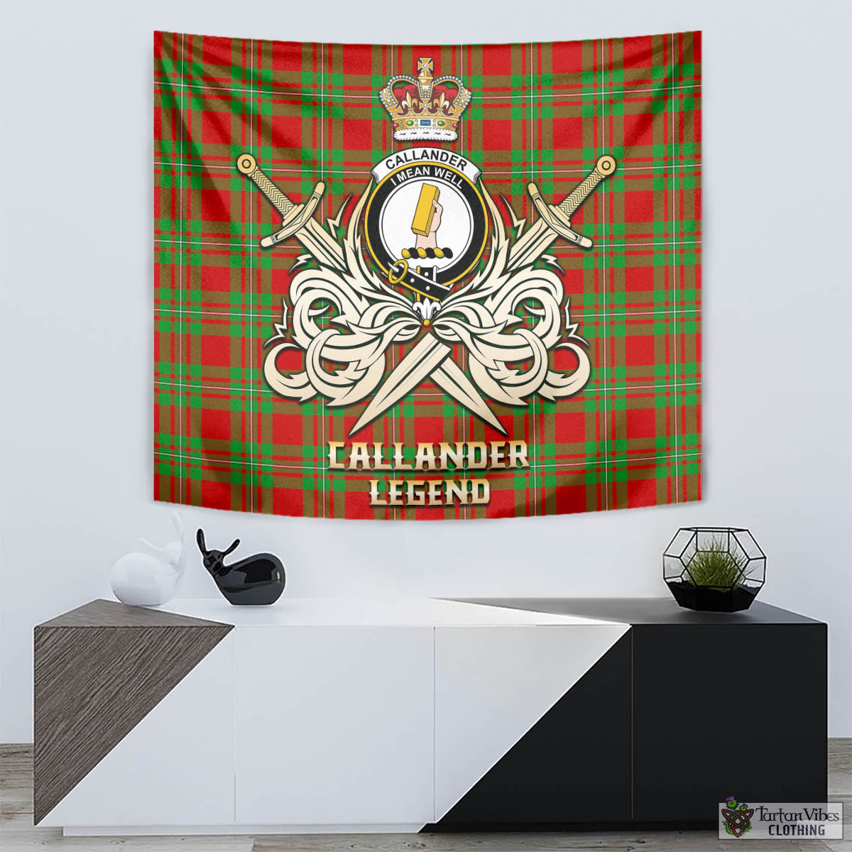 Callander Tartan Tapestry with Clan Crest and the Golden Sword of Courageous Legacy - Tartan Vibes Clothing