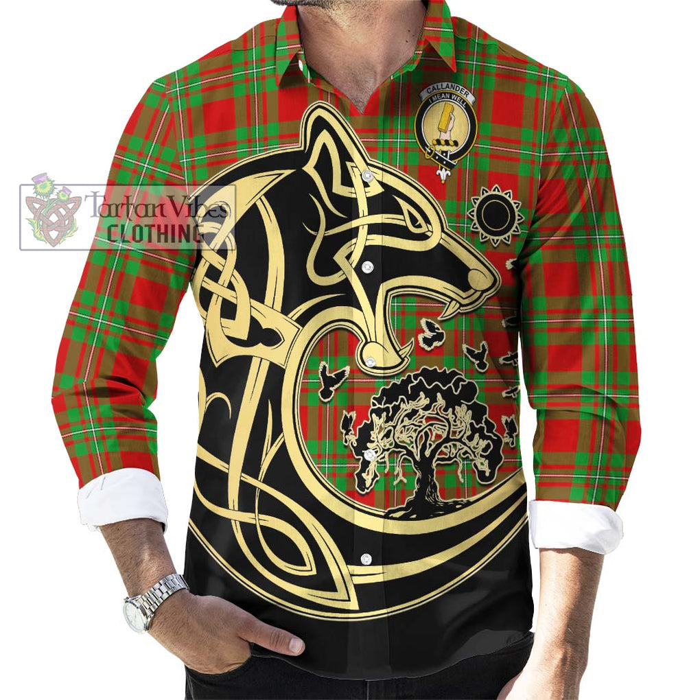 Callander Tartan Long Sleeve Button Shirt with Family Crest Celtic Wolf Style - Tartan Vibes Clothing