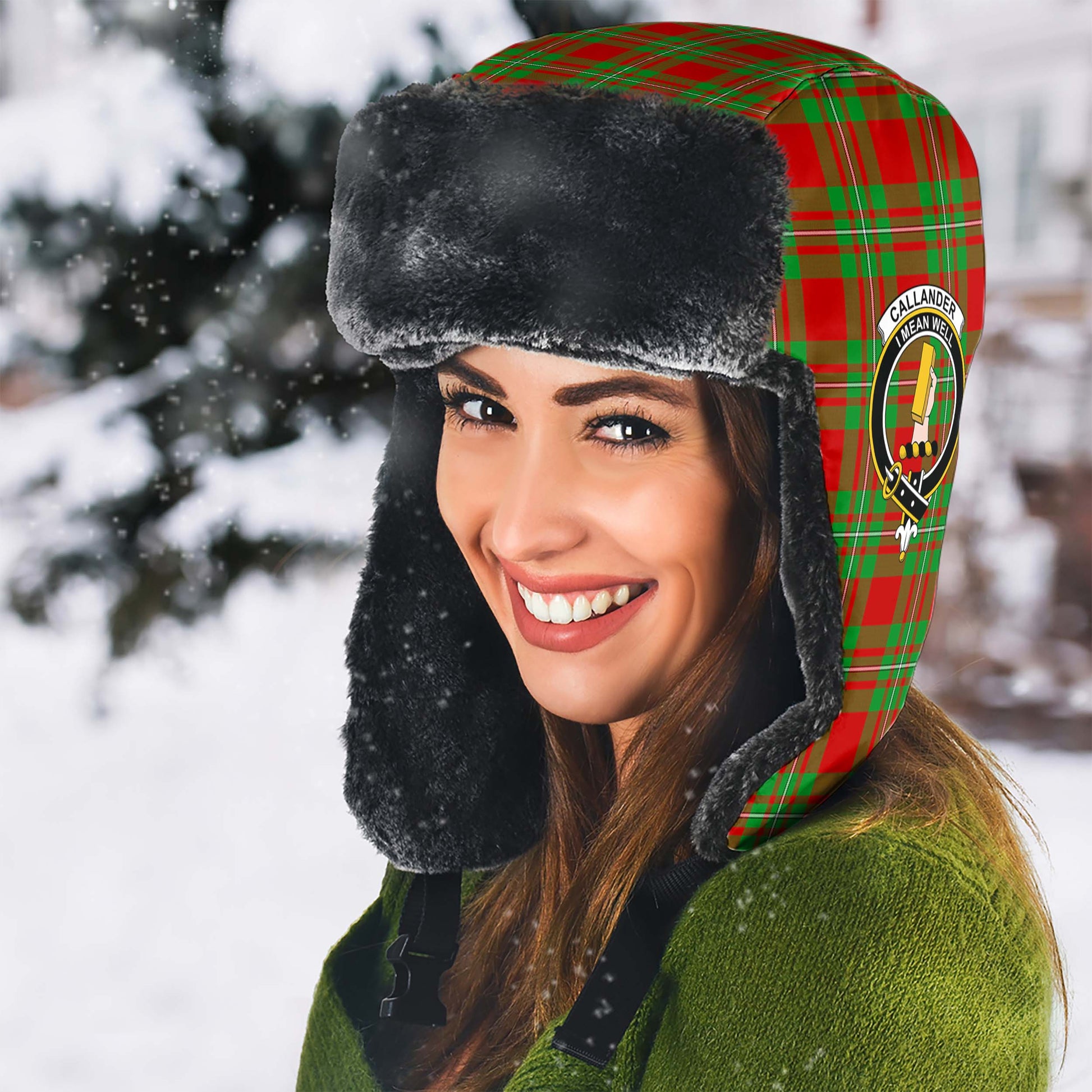 Callander Modern Tartan Winter Trapper Hat with Family Crest - Tartanvibesclothing