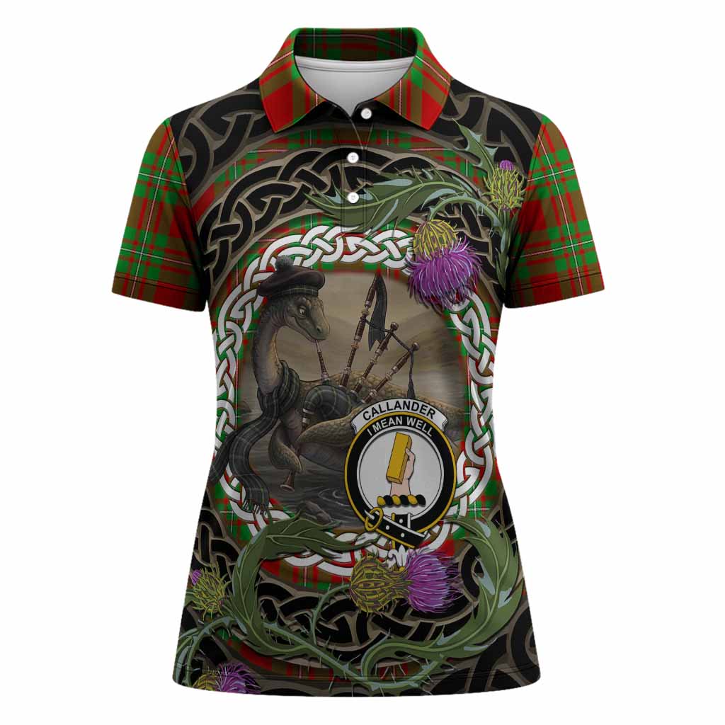 Callander Tartan Crest Bagpipe Nessie Women Polo Shirt Scottish Loch Ness Monster Celtic Thistle