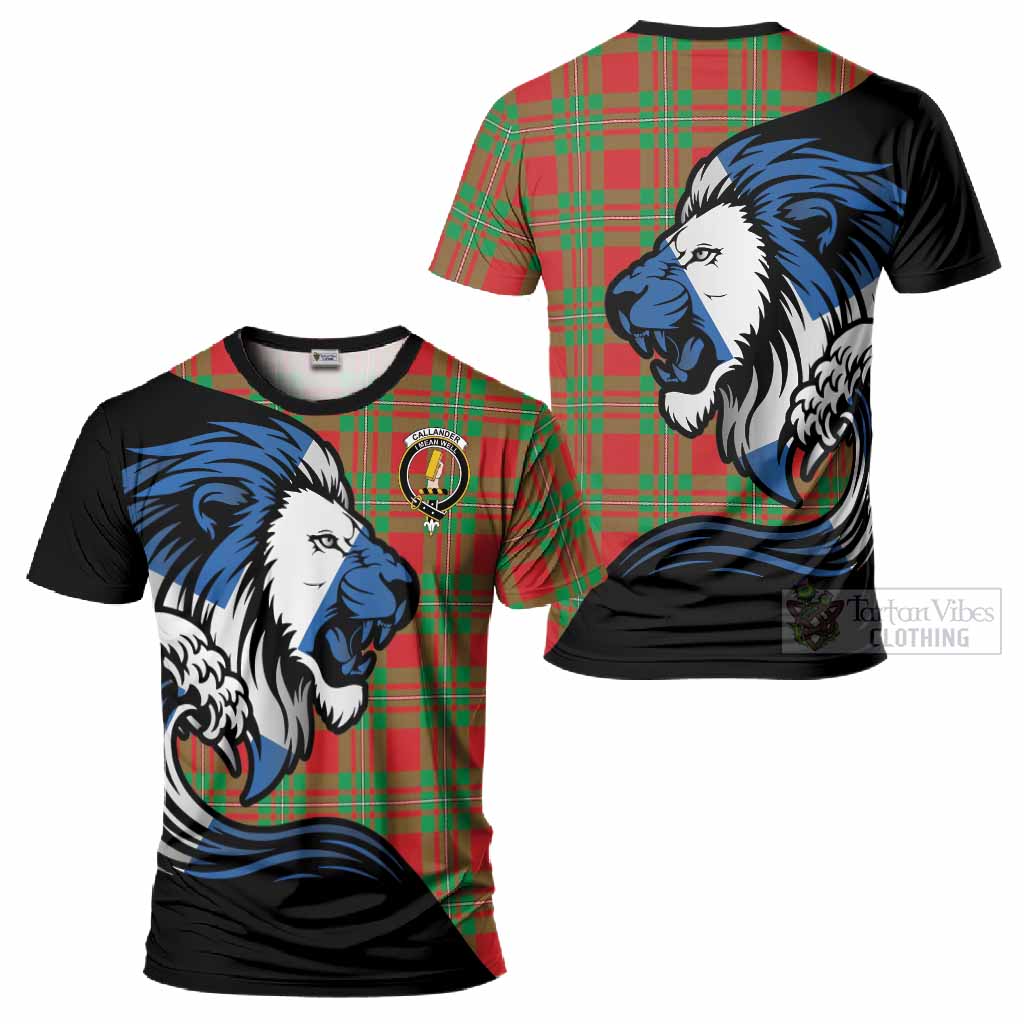 Callander Tartan Crest T-Shirt Scottish Golden Lions Wave Flow