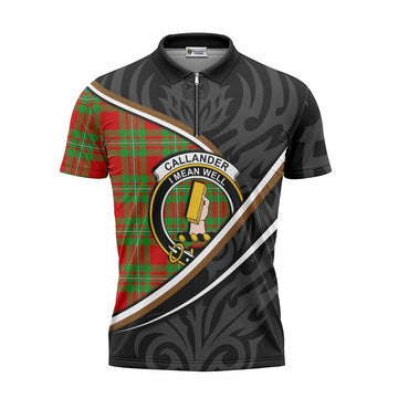 Callander Tartan Family Crest Zipper Polo Shirt Celtic Scottish Thistle Floral