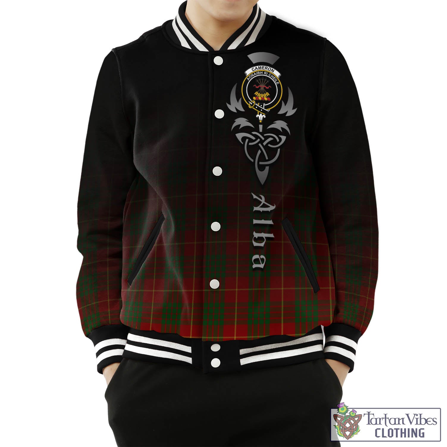 Tartan Vibes Clothing Cameron Tartan Baseball Jacket Featuring Alba Gu Brath Family Crest Celtic Inspired