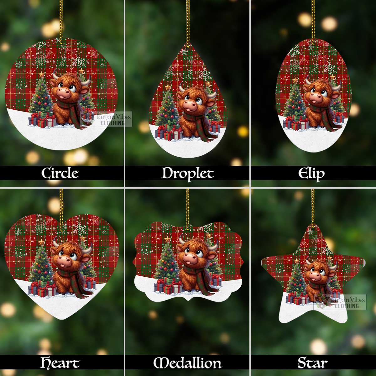 Tartan Vibes Clothing Cameron Tartan Christmas Aluminium Ornament with Adorable Highland Coo