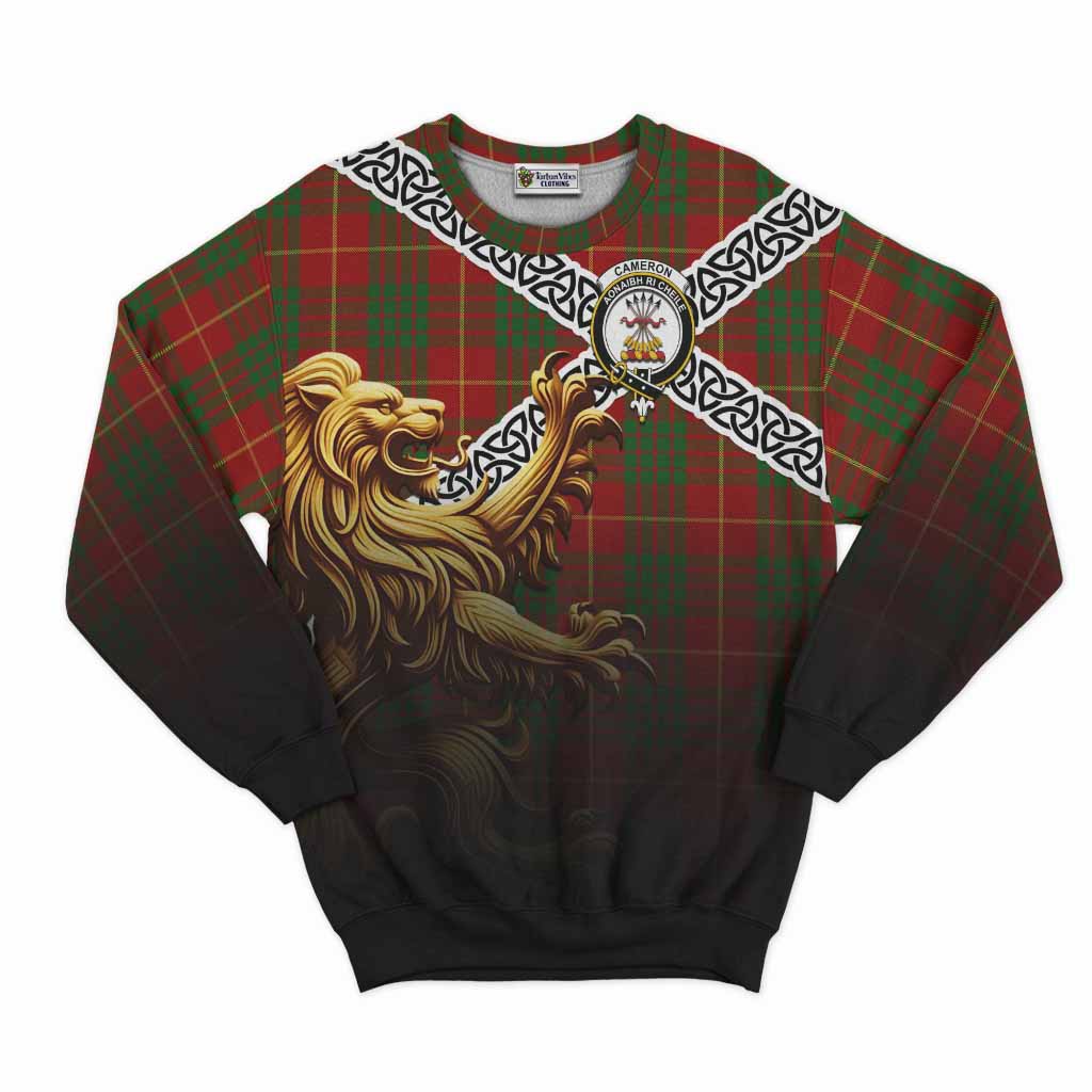 Tartan Vibes Clothing Cameron Crest Tartan Sweatshirt with Golden Lion Emblem Celtic Style