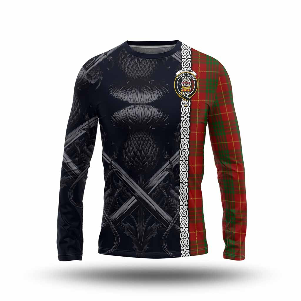 Tartan Vibes Clothing Cameron Tartan Long Sleeve T-Shirt with Family Crest Cross Sword Thistle Celtic Vibes