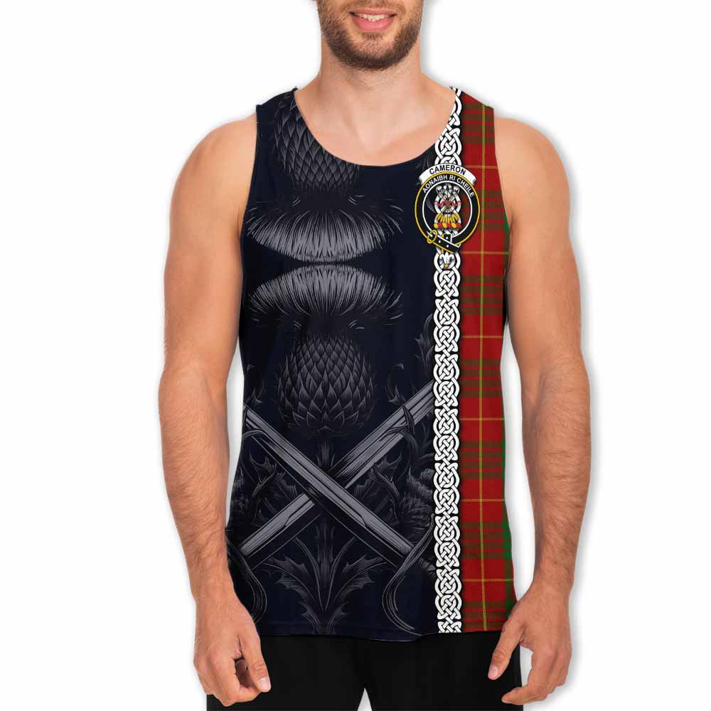 Tartan Vibes Clothing Cameron Tartan Men's Tank Top with Family Crest Cross Sword Thistle Celtic Vibes