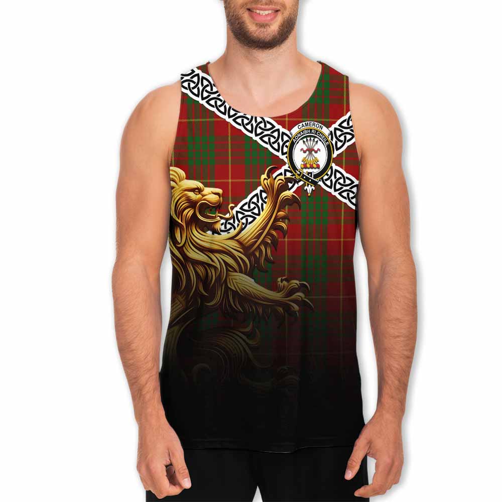 Tartan Vibes Clothing Cameron Crest Tartan Men's Tank Top with Golden Lion Emblem Celtic Style