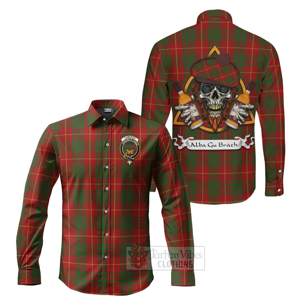 Tartan Vibes Clothing Cameron Tartan Long Sleeve Button Shirt with Family Crest and Bearded Skull Holding Bottles of Whiskey
