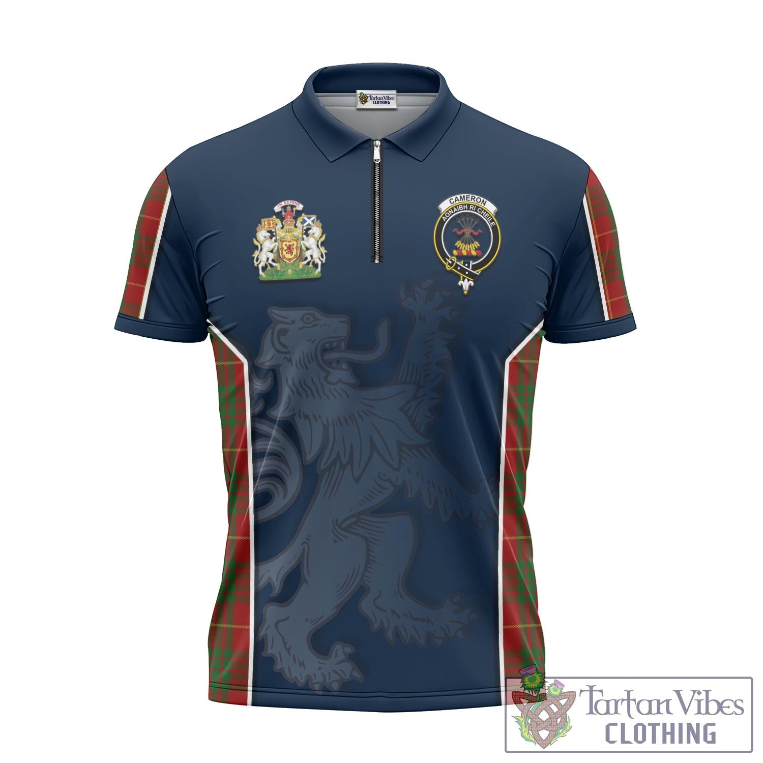 Tartan Vibes Clothing Cameron Tartan Zipper Polo Shirt with Family Crest and Lion Rampant Vibes Sport Style