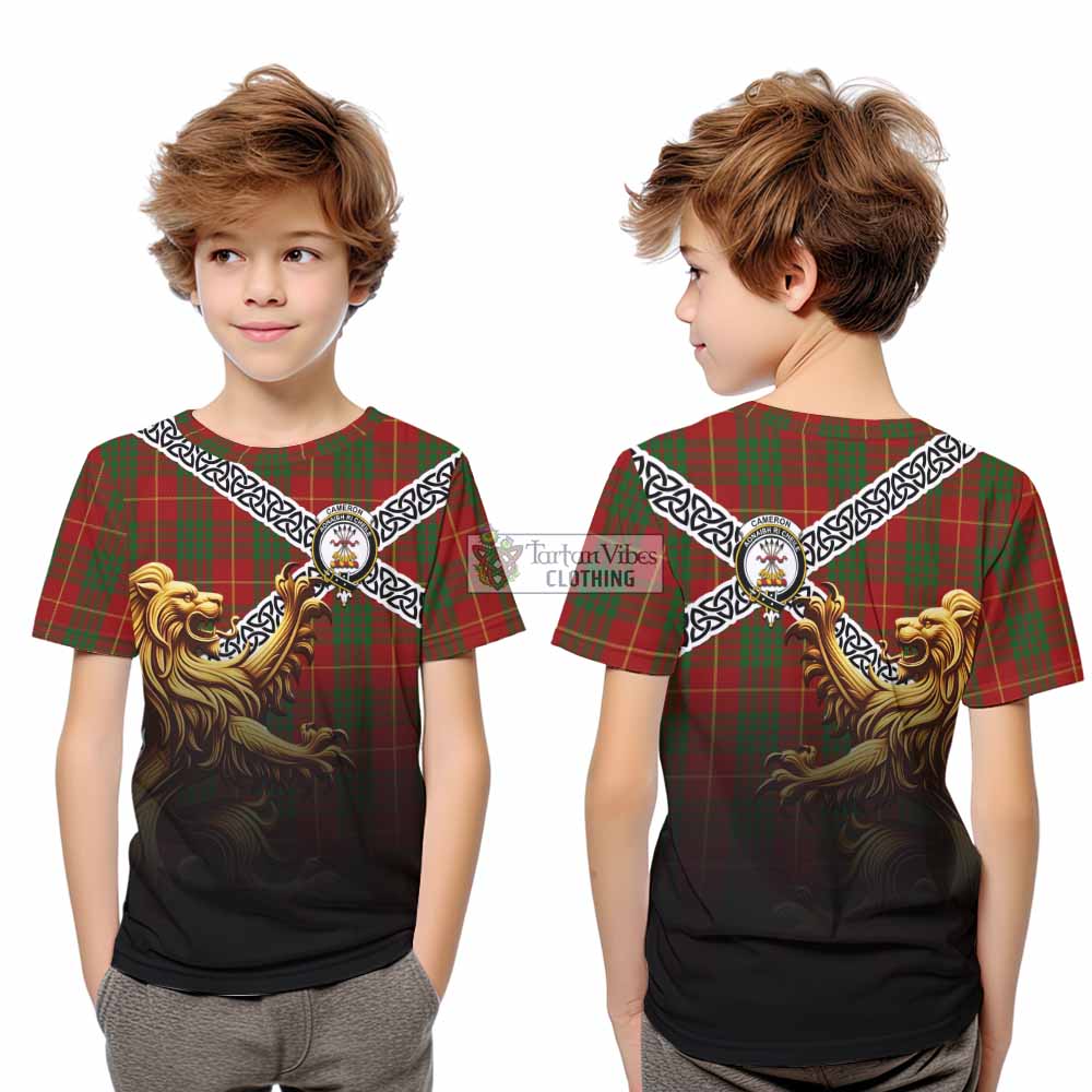 Tartan Vibes Clothing Cameron Crest Tartan Kid T-Shirt with Golden Lion Emblem Celtic Style