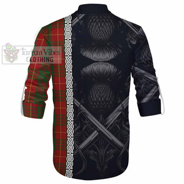 Cameron Tartan Ghillie Kilt Shirt with Family Crest Cross Sword Thistle Celtic Vibes