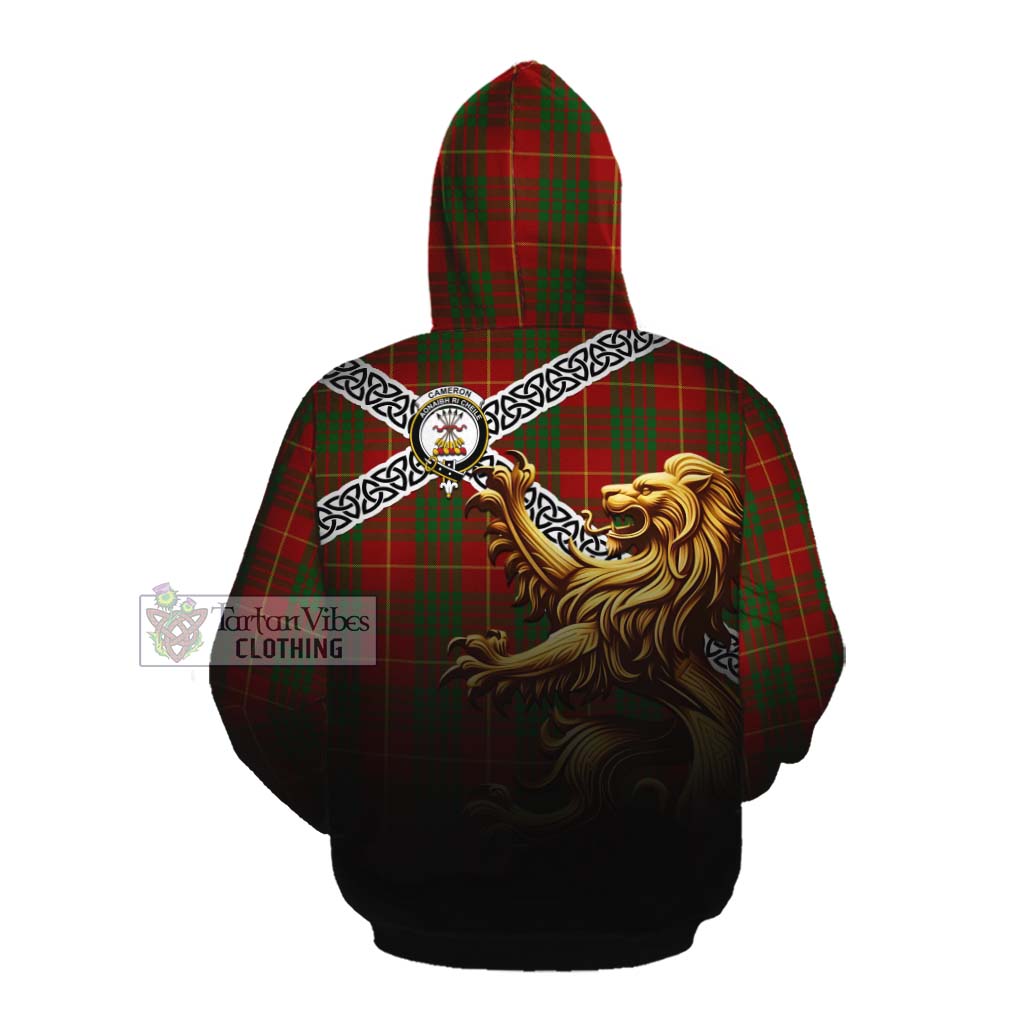 Tartan Vibes Clothing Cameron Crest Tartan Cotton Hoodie with Golden Lion Emblem Celtic Style