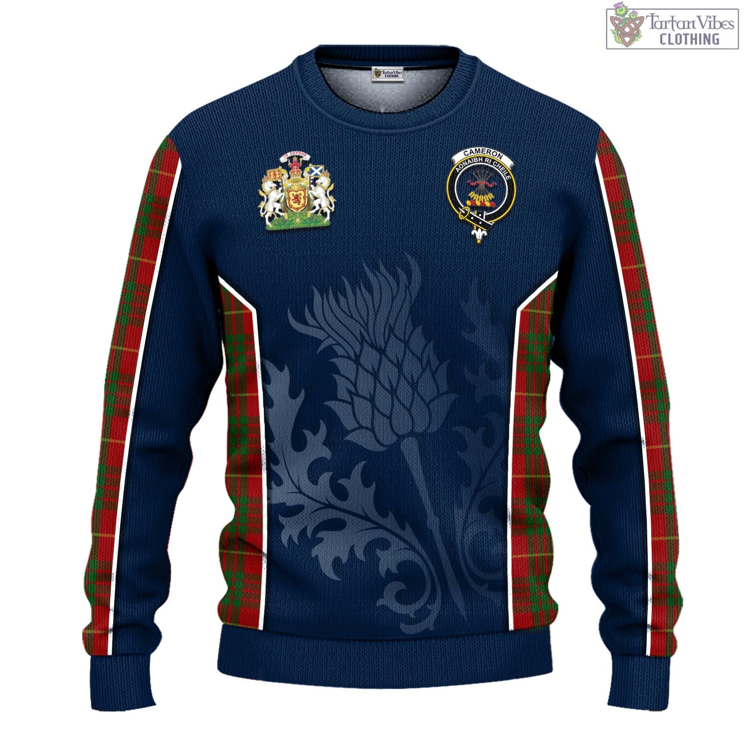 Tartan Vibes Clothing Cameron Tartan Knitted Sweatshirt with Family Crest and Scottish Thistle Vibes Sport Style