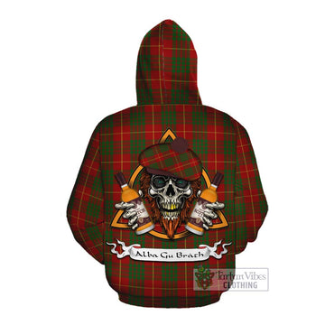 Cameron Tartan Cotton Hoodie with Family Crest and Bearded Skull Holding Bottles of Whiskey