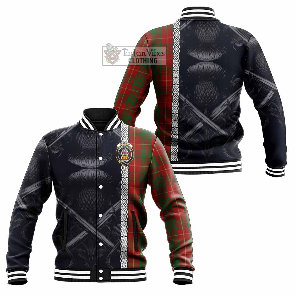 Tartan Vibes Clothing Cameron Tartan Baseball Jacket with Family Crest Cross Sword Thistle Celtic Vibes