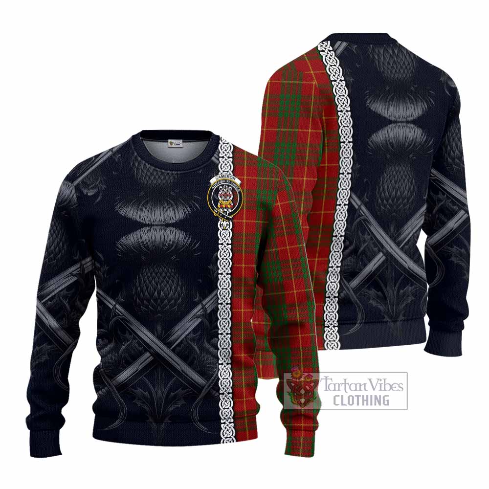 Tartan Vibes Clothing Cameron Tartan Knitted Sweater with Family Crest Cross Sword Thistle Celtic Vibes
