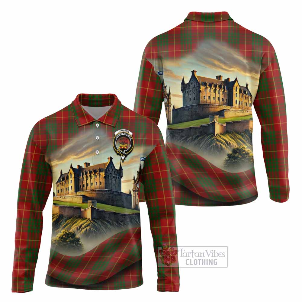 Tartan Vibes Clothing Cameron Tartan Family Crest Long Sleeve Polo Shirt with Scottish Ancient Castle Style