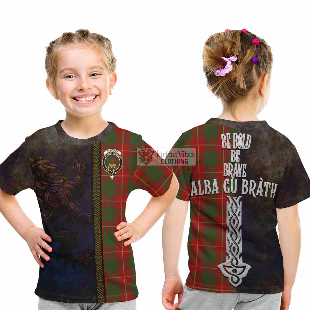 Tartan Vibes Clothing Cameron Tartan Family Crest Kid T-Shirt Alba Gu Brath Be Brave Lion Ancient Style