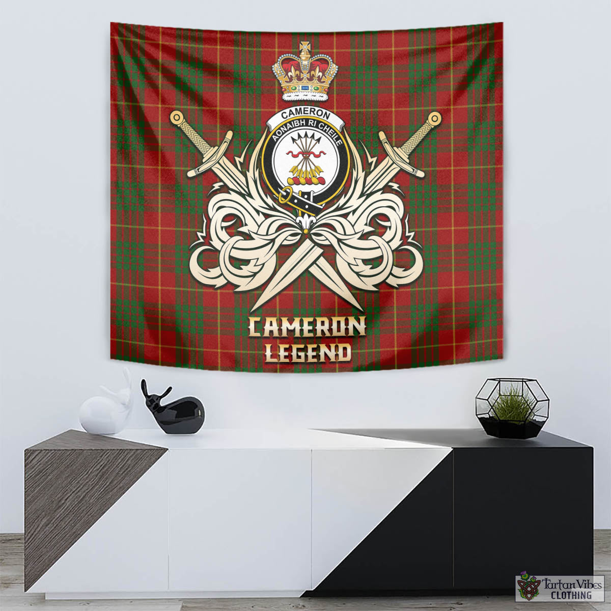 Tartan Vibes Clothing Cameron Tartan Tapestry with Clan Crest and the Golden Sword of Courageous Legacy