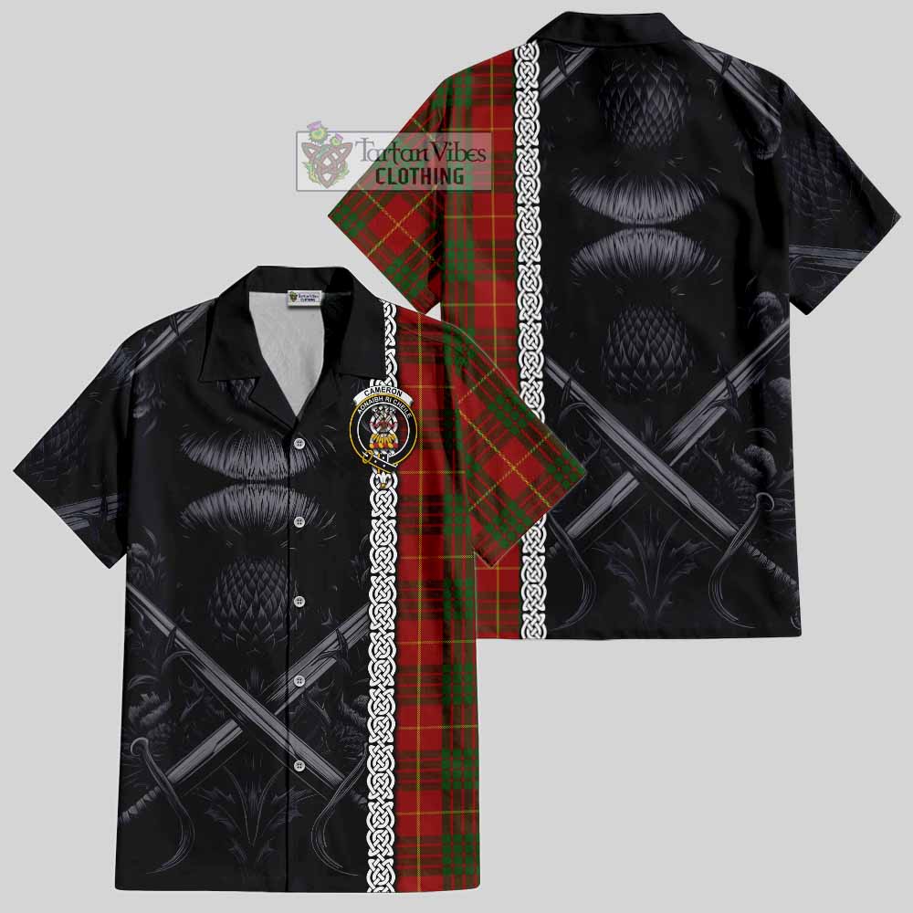 Tartan Vibes Clothing Cameron Tartan Short Sleeve Button Shirt with Family Crest Cross Sword Thistle Celtic Vibes