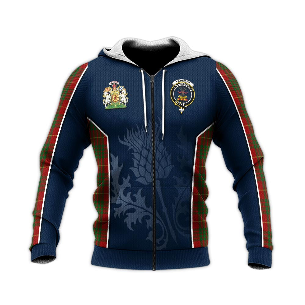 Tartan Vibes Clothing Cameron Tartan Knitted Hoodie with Family Crest and Scottish Thistle Vibes Sport Style