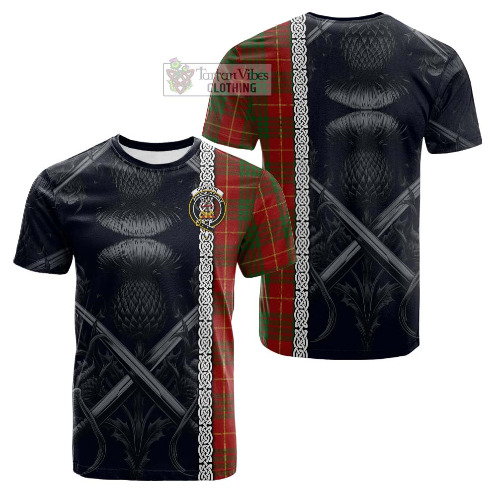 Tartan Vibes Clothing Cameron Tartan Cotton T-shirt with Family Crest Cross Sword Thistle Celtic Vibes