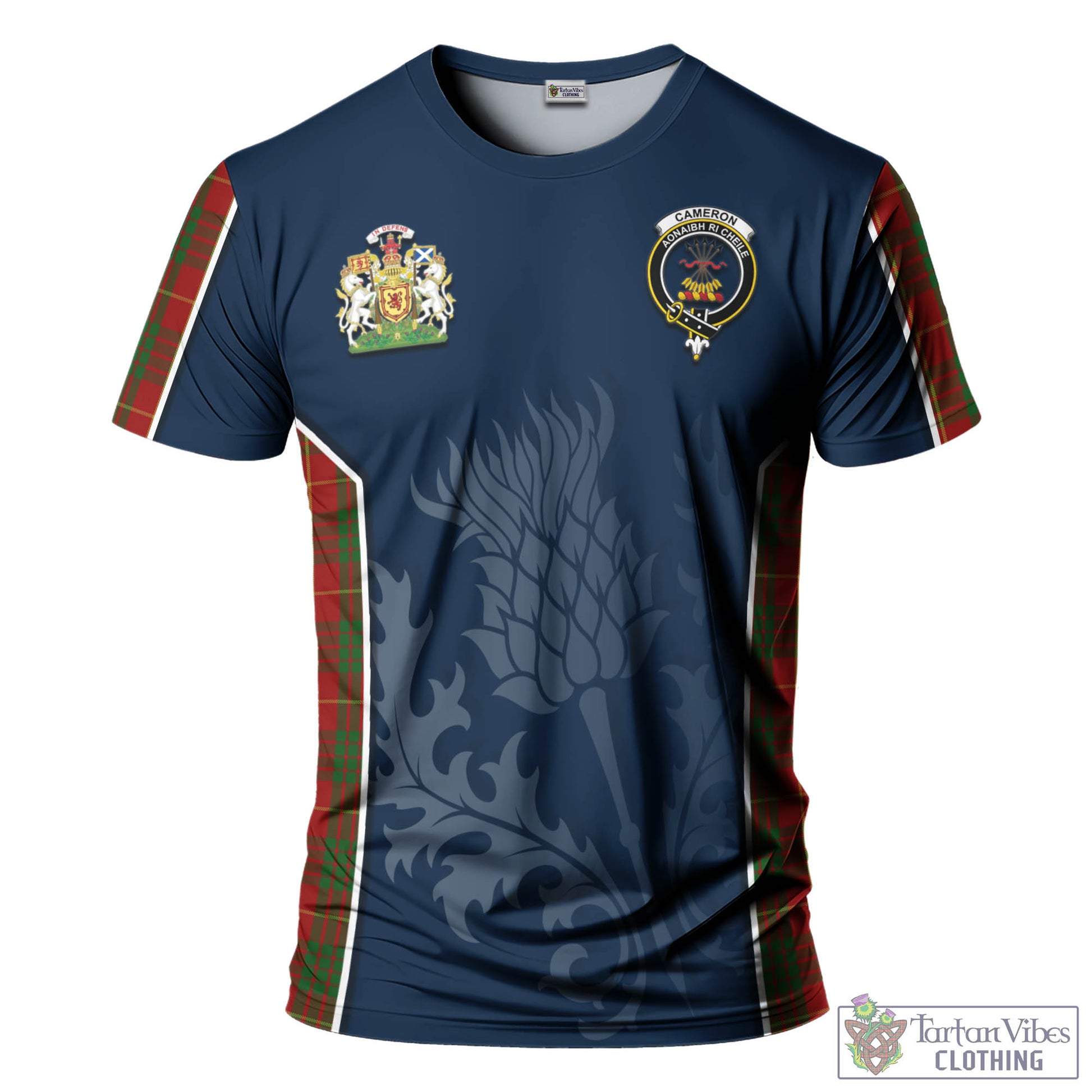 Tartan Vibes Clothing Cameron Tartan T-Shirt with Family Crest and Scottish Thistle Vibes Sport Style