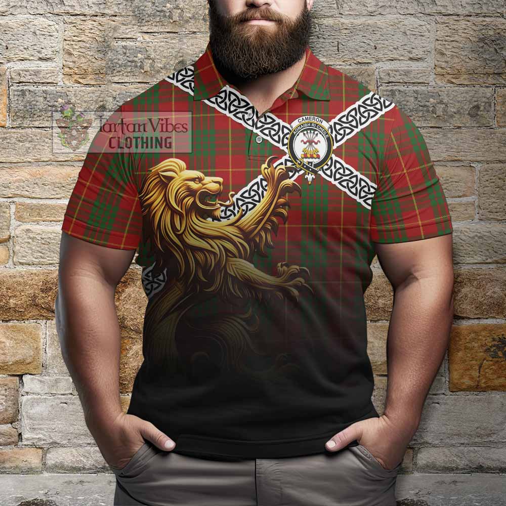 Tartan Vibes Clothing Cameron Crest Tartan Polo Shirt with Golden Lion Emblem Celtic Style