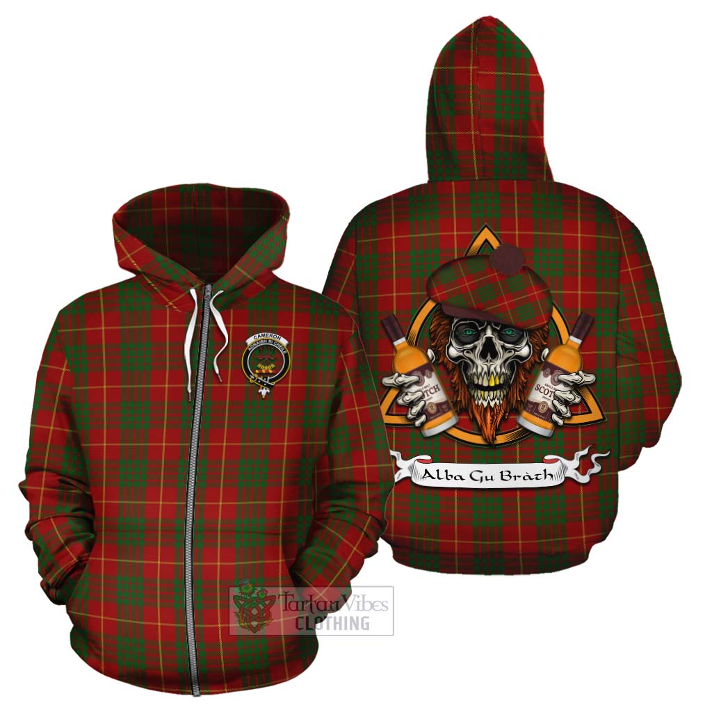 Tartan Vibes Clothing Cameron Tartan Cotton Hoodie with Family Crest and Bearded Skull Holding Bottles of Whiskey