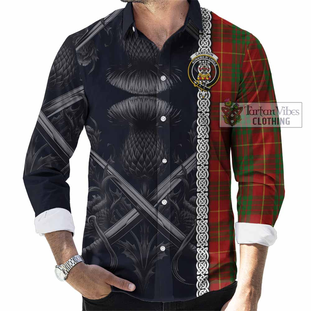 Tartan Vibes Clothing Cameron Tartan Long Sleeve Button Shirt with Family Crest Cross Sword Thistle Celtic Vibes