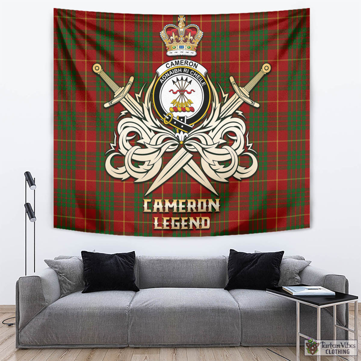 Tartan Vibes Clothing Cameron Tartan Tapestry with Clan Crest and the Golden Sword of Courageous Legacy