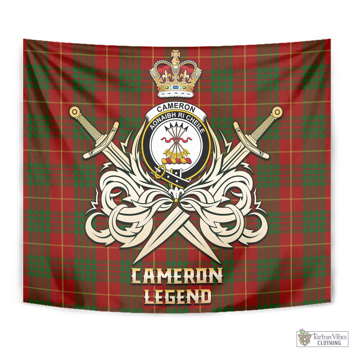 Tartan Vibes Clothing Cameron Tartan Tapestry with Clan Crest and the Golden Sword of Courageous Legacy